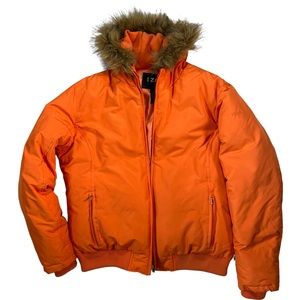 IZOD Outerwear Orange Neon Puffer Coat Faux Fur Hood Warm Jacket